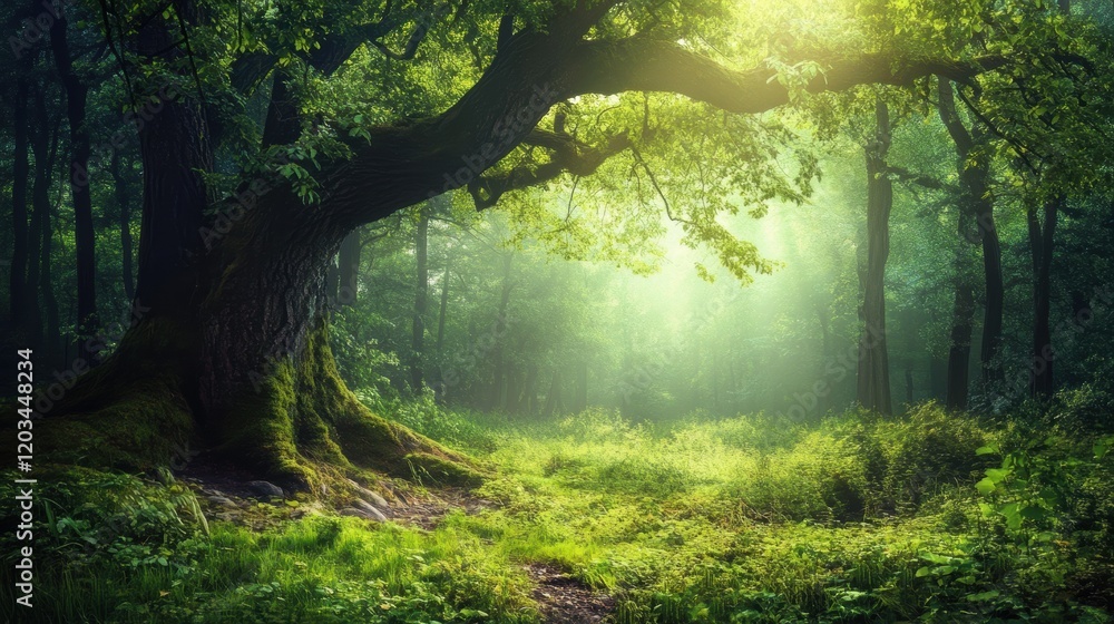 Poster sunlight filters through ancient trees in a serene forest during early morning