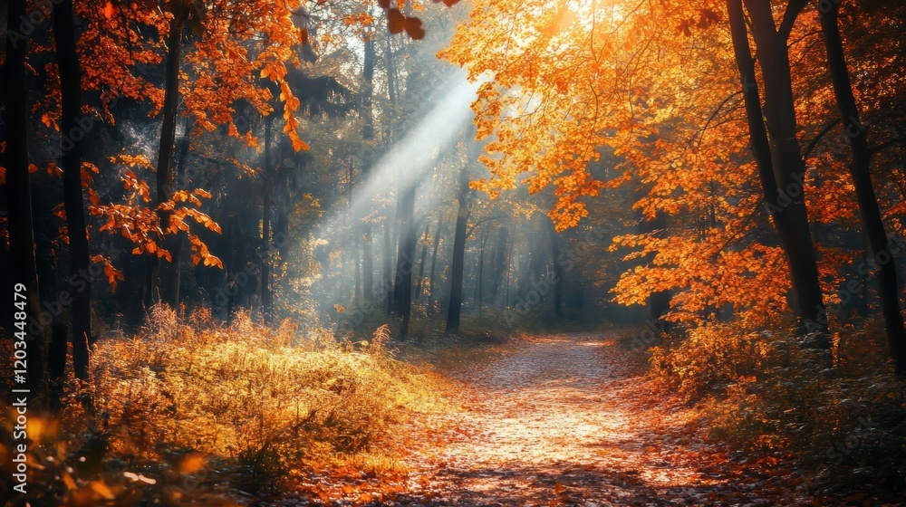 Poster fall sunlight shines through a colorful forest path lined with autumn leaves during a tranquil after