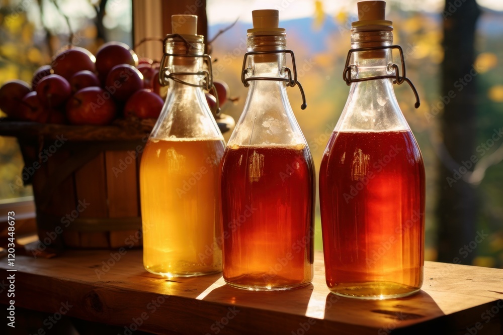 Poster glass bottles of apple juice and apple cider sit on a wooden table near a basket of fresh apples, il