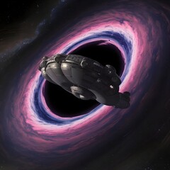 A daring exploration of a black hole's edge, with a massive spacecraft surrounded by swirling colors and distorted space.