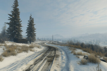 Obraz premium Snowy Winter Road in a Mountain Landscape