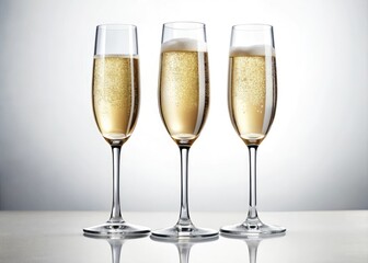Luxurious champagne glass towers gleam against a pristine white backdrop.