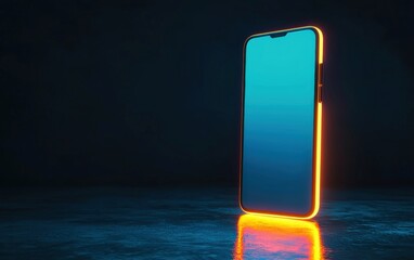 A futuristic smartphone standing upright on a reflective surface, with a glowing edge and an empty display for mockup use