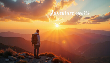 Obraz premium Traveler contemplating golden sunset view atop mountain, adventure awaits