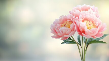 A close up image of blooming pink peony flowers against a soft blurred background, showcasing the delicate layers of petals and vibrant shades of pink.