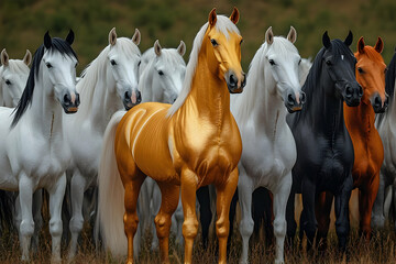 Obraz premium Majestic Herd of Horses in a Serene Field: A Stunning Display of Equine Beauty and Grace
