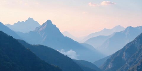 Serene Mountain Range Panorama at Dawn A Misty Blue Landscape
