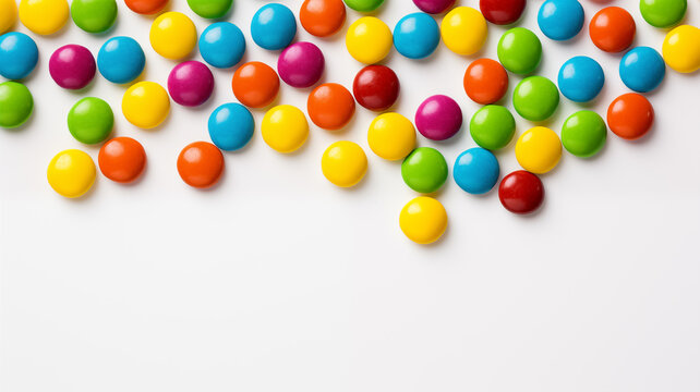 Colorful chocolate candy pieces scattered on white background M&Ms style sweets rainbow colors party food
