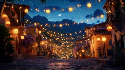 A tranquil village lit by strings of lights and lanterns in celebration of Ramadan