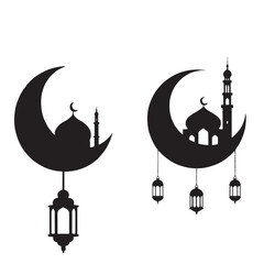 Black Silhouette of a Mosque inside a Crescent Moon with Stars and Hanging Lanterns for Ramadan and Eid