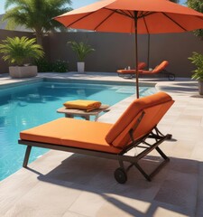 Fototapeta premium A chaise lounge positioned near the pool's edge with a side table and umbrella for shade, outdoor furniture, daybed , summer