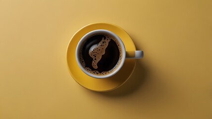 Top view of coffee cup on yellow and white background