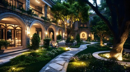 Obraz premium luxurious night garden courtyard villa - night photography