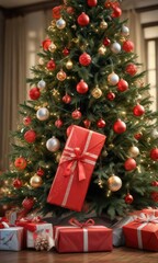 A bright red gift wrapped in colorful paper rests on a towering Christmas tree adorned with sparkling ornaments, holiday, gift box, christmas atmosphere