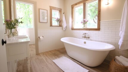 Farmhouse bathroom interior design, featuring a freestanding bathtub, wood flooring, and natural light
