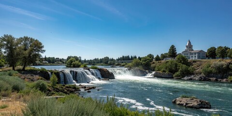 A brilliant blue sky above the waterfalls of Idaho Falls, blue sky, clear blue, idaho falls, waterfalls