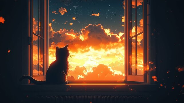 A cat silhouette gazes at a vibrant sunset from a window.  