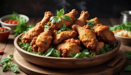 Fototapeta premium A bowl of steaming hot spicy fried chicken garnished with fresh basil leaves and served on a rustic wooden plate , cozy atmosphere, spicy