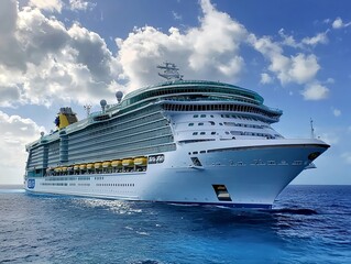 A 1960s cruise ship features white streamlined upper decks with teak wood and two blue funnels in the sunlight