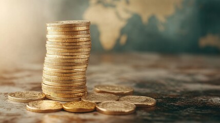 Golden coin tower with world economy map background, elegant design, financial themes, global investment insights