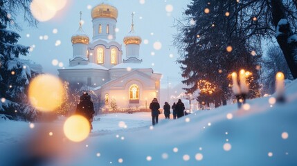 Fototapeta premium Snowy evening at illuminated orthodox church during winter festivities Orthodox Christmas Day
