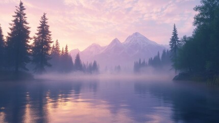 Serene misty lake at sunrise with mountain view
