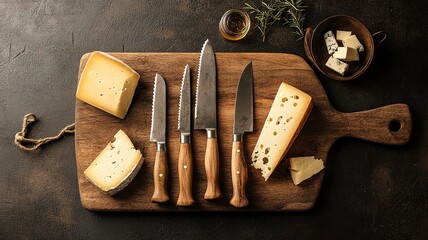 Rustic cheese board with knives, gourmet rustic cheese board presentation, artisan rustic cheese board with vintage knives, Premium Kitchen Accessories Elegant stainless steel knives on wood