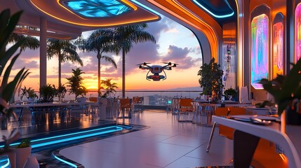 Fototapeta premium futuristic rooftop restaurant drone delivery - futuristic design