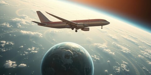 A realistic stock photo showing a commercial airplane flying high above a small planet, showcasing the vastness of space and exploration, science fiction, small planet