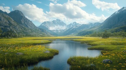 Open valley surrounded by mountains, central clearing for copy