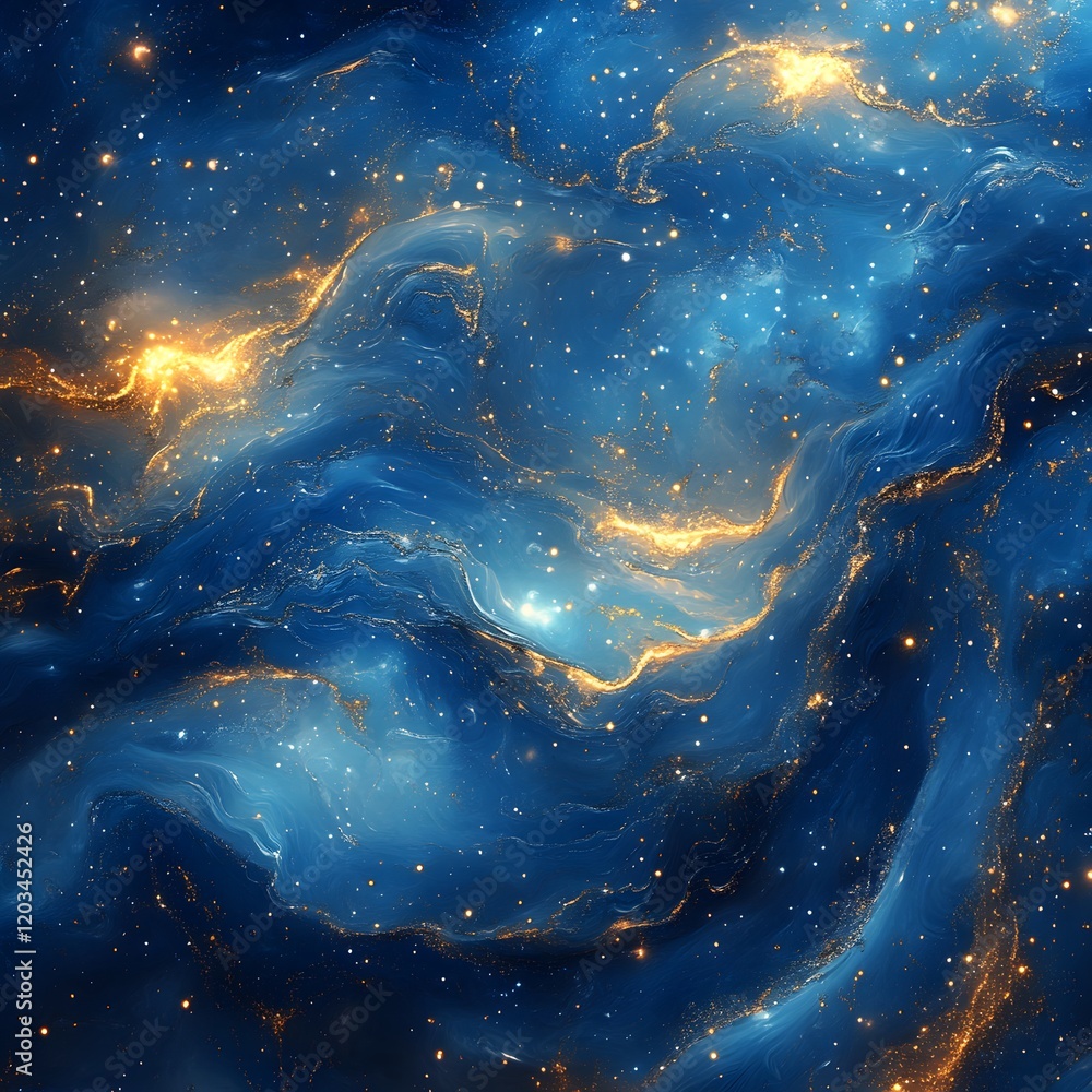 Poster artistic background showcasing an abstract blend of blue and gold particles swirling together infuse