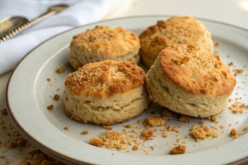 Fototapeta premium A plate of warm brown butter biscuits with golden brown crumbs, snacks, food, crumbs