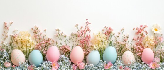Pastel Easter Joy: Festive Floral and Egg Row on White Background for Spring Greeting Card Design
