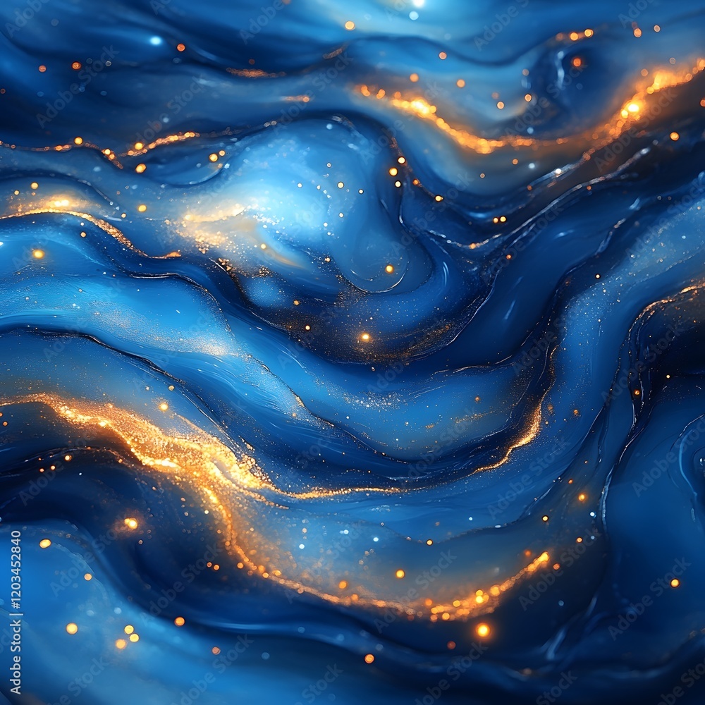 Poster artistic background showcasing an abstract blend of blue and gold particles swirling together infuse