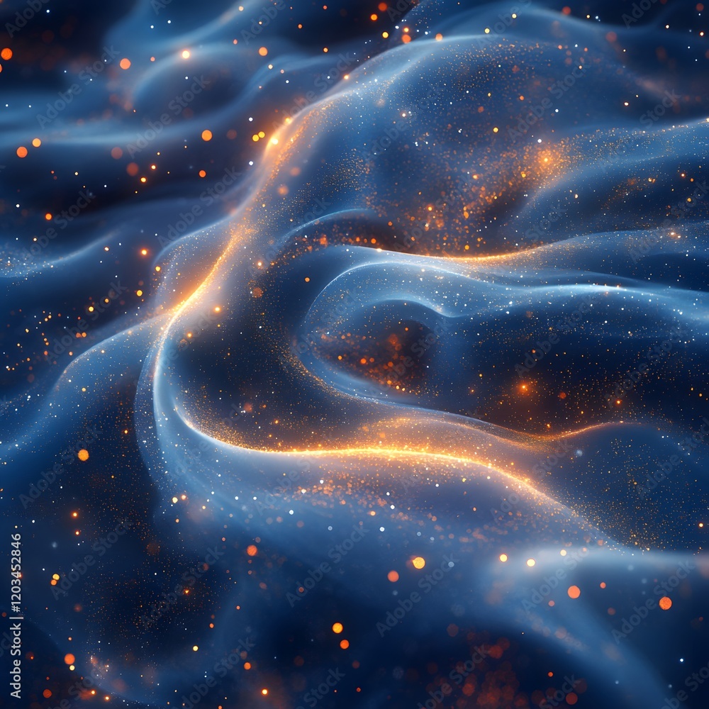 Poster artistic background showcasing an abstract blend of blue and gold particles swirling together infuse