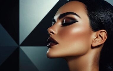 Fototapeta premium A glamorous portrait of a woman with dramatic makeup and dark sleek hair, against a minimalist geometric background