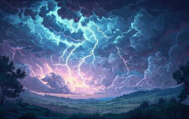 A dramatic thunderstorm with bright lightning bolts illuminating dark storm clouds over an open landscape