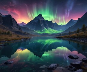A mystical mountain lake with a glowing aurora borealis on its surface, solitary, mystical