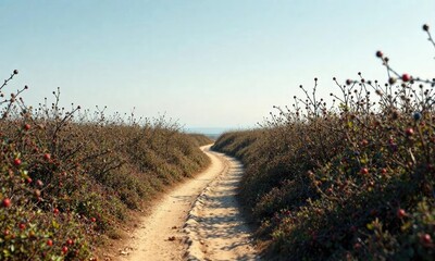 Fototapeta premium A narrow dirt path disappears into the distance as it winds its way through a dense thicket of brambles and blackthorn, brushwood, hedgerow, undergrowth