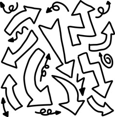 A collection of hand-drawn black arrows in various styles and directions, including straight, curved, wavy, and zigzag patterns, scattered on a white background.