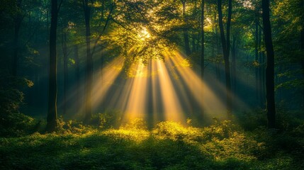 Fototapeta premium Golden Hour in Mystical Forest with Dramatic Sunrays piercing through the tall trees creating an ethereal atmosphere