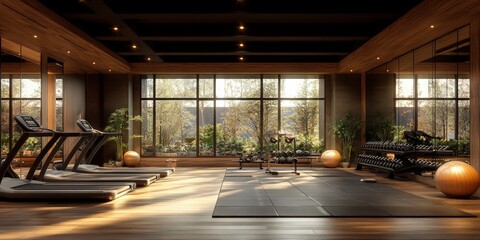 Modern gym interior design featuring natural light and decorative elements indoor fitness space tranquil environment contemporary viewpoint