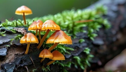 Fototapeta premium yellow mushrooms of sawdust on a stump in the forest, overgrown with moss