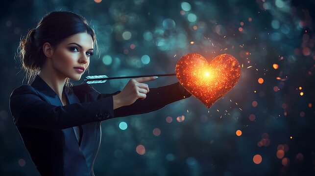 A sleek professional woman channeling Cupid, aiming for a glowing heart with accuracy