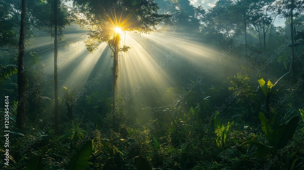 Poster sunlight filtering through the trees creates a magical scene in the mystical rainforest at dawn