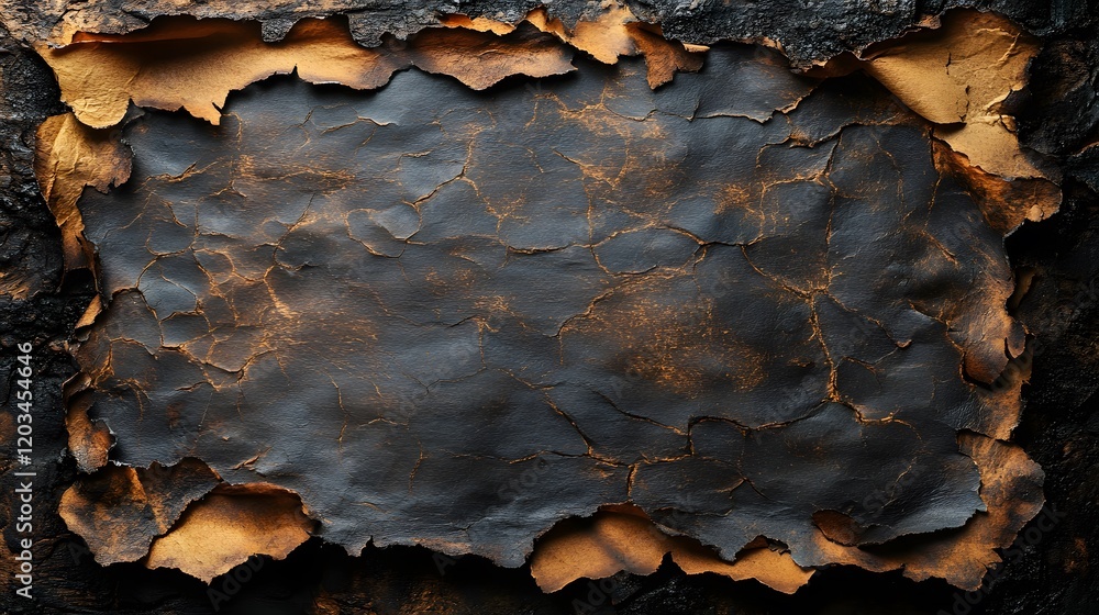 Poster artistic composition featuring aged burnt paper with uneven charred edges and distressed sections cr