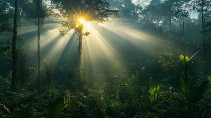 Obraz premium Sunlight Filtering Through the Trees Creates a Magical Scene in the Mystical Rainforest at Dawn