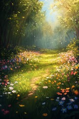 Obraz premium Serenity in a sunlit forest pathway surrounded by wildflowers and lush greenery