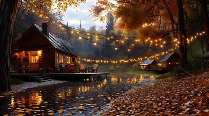 Fototapeta premium cozy autumn cabin by the river - cozy autumn/fall scenes