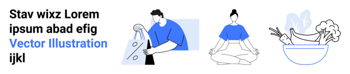 Man holding a shopping bag with clothes, person meditating cross-legged, bowl of vegetables and fruits. Ideal for lifestyle, wellness, shopping, healthy living, relaxation, balance mindfulness